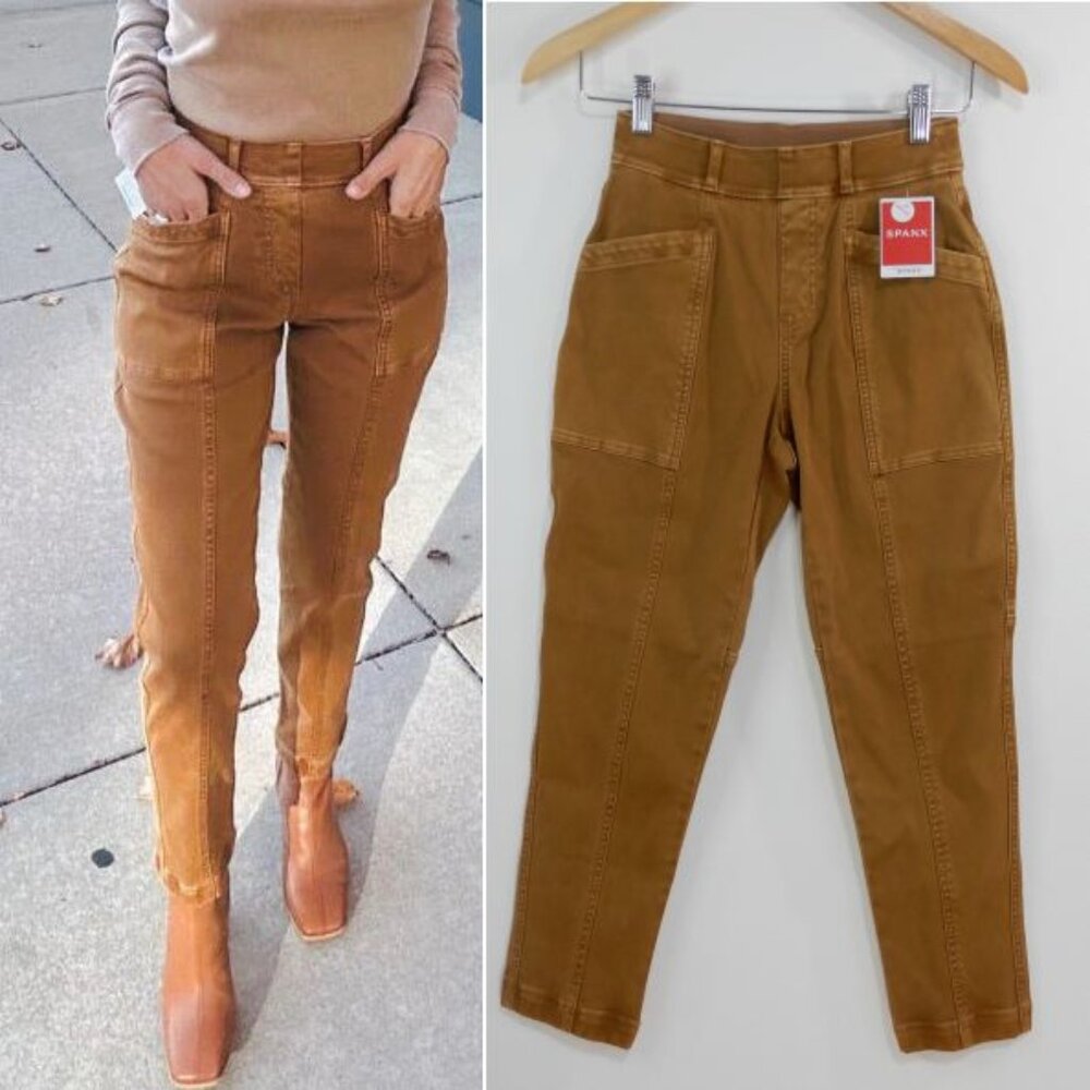 SPANX Stretch Twill Straight Leg Pull On Pants XS Petite Acorn Brown Gorpcore